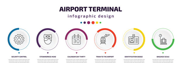 airport terminal infographic element with icons and 6 step or option. airport terminal icons such as security control, stewardress head, calendar day thirty, train to the airport, identification