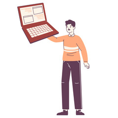 Programmer, IT engineer holding huge laptop. Professional coder, tiny office worker carrying big computer flat vector illustration on white background