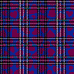 Wall Mural - Tartan pattern with hearts. Scottish checkered background. Traditional scottish ornament. Seamless fabric texture. Christmas new year decor. Vector illustration