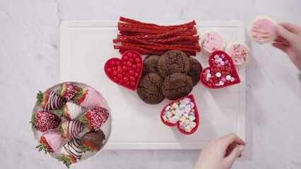 Sticker - Flat lay. Step by step. Arranging cheese board with candies and cookies for Valentines Day.