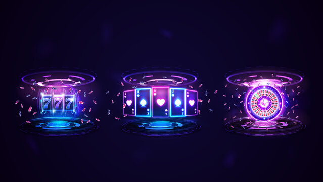 slot machine, casino roulette wheel and playing cards, neon emblems for your arts