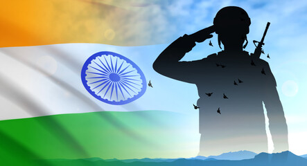 Wall Mural - Silhouette of soldier saluting on a background of India flag and the sky. Greeting card for National Holidays. India celebration