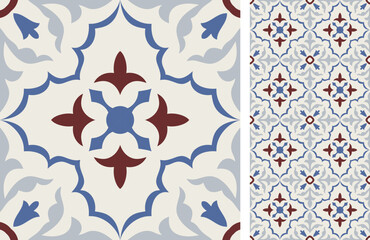 Seamless Azulejo tile. Portuguese and Spain decor. Bright ceramic tile from mandalas. Seamless Floral pattern. Vector hand drawn illustration, typical portuguese and spanish tile