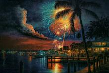 Fireworks Over Key West At Night, AI Generated Illustration
