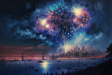 Fireworks Over San Francisco At Night, AI Generated Illustration