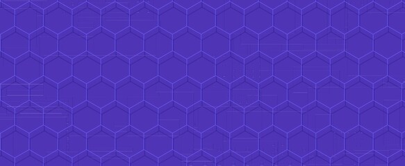 Purple grid of rhombuses with digital textures background. Geometric surface made of blue honeycombs with 3d render lines and code points. Design of virtual space for presentation