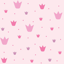 Seamless Pattern With Doodle Crowns. Romantic Cute Baby Print. Little Princess Design. Pink Wallpaper For Baby Girl. Pink Background.