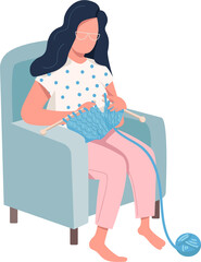 Wall Mural - Woman knitting in armchair semi flat color vector character. Improve emotional wellbeing. Full body person on white. Simple cartoon style illustration for web graphic design and animation