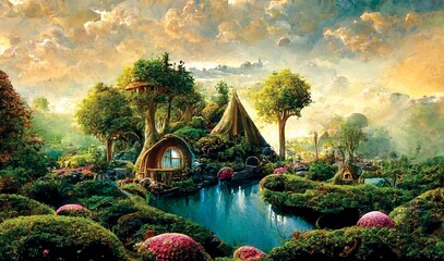 Sticker - Fairyland landscape, house on the river, green flowering shores, fantasy scenery