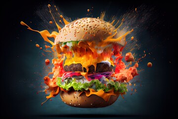 Computer-generated image of exploding cheeseburger. Photorealism and 3D shading to create a busy action-shot with your favorite foods going boom