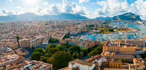 Wall Mural - aerial panoramic view of palermo town in sicily. italy near the mondello white sand beach in and bea