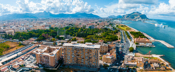 Aerial panoramic view of Palermo town in Sicily. Italy near the Mondello white sand beach in and beautiful lagoon.