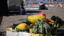 Basket Overflowing With Freshly Picked Fresh Fruit From An Asian Street Vendor On The Beaches Of Tenerife (Canary Islands).