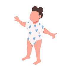 Male baby wearing cute bodysuit with hearts semi flat color raster character. Standing figure. Full body person on white. Simple cartoon style illustration for web graphic design and animation