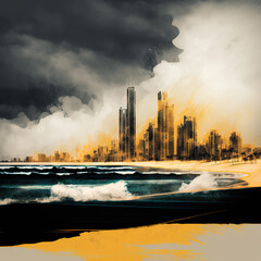 Gold Coast skyline at sunset Bauhaus style