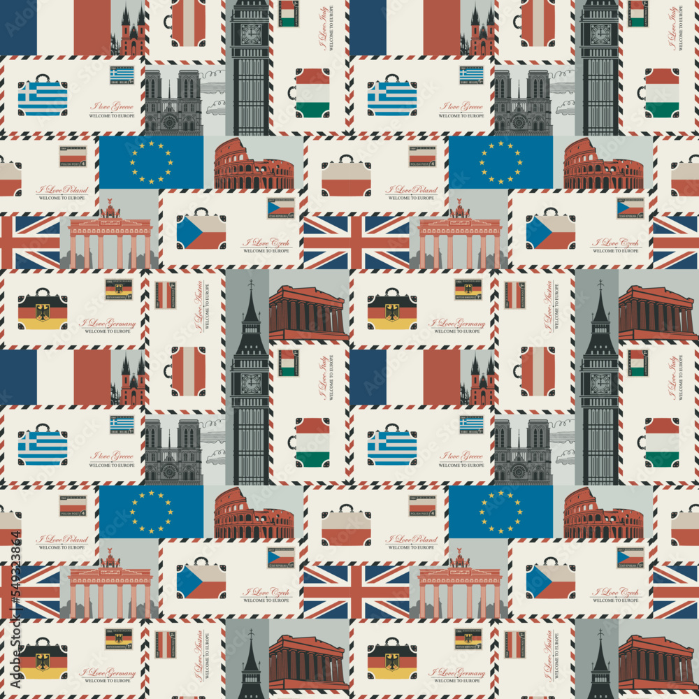 Europe Country Pattern Vector seamless pattern on theme of travel to countries of Euro union ...