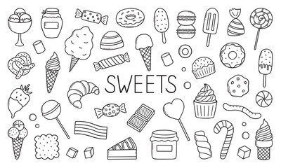 Wall Mural - Sweets and candies doodle set. desserts in sketch style. Hand drawn vector illustration isolated on white background