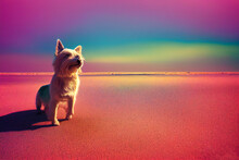 A Terrier Dog Playing On The Beach Close To Sunset, An Infrared Illustration With Pink Hues.
