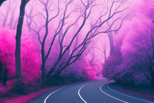 A Lonely Road Through A Forest Of Overhanging Trees, An Infrared Illustration With Pink Hues.