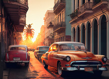 Vibrant Illustration Of American Vintage Cars In Havana, Cuba At Sunset. Colorful Exotic Retro Havana's Streets Make A Magnigicent Magical Cityscape., Generative AI