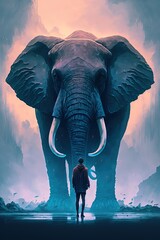 A man standing alone facing the giant elephant. illustration art