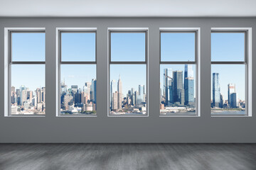 Wall Mural - Midtown New York City Manhattan Skyline Buildings from High Rise Window. Beautiful Expensive Real Estate. Empty room Interior Skyscrapers View Cityscape. Day time. Hudson Yards West Side. 3d rendering