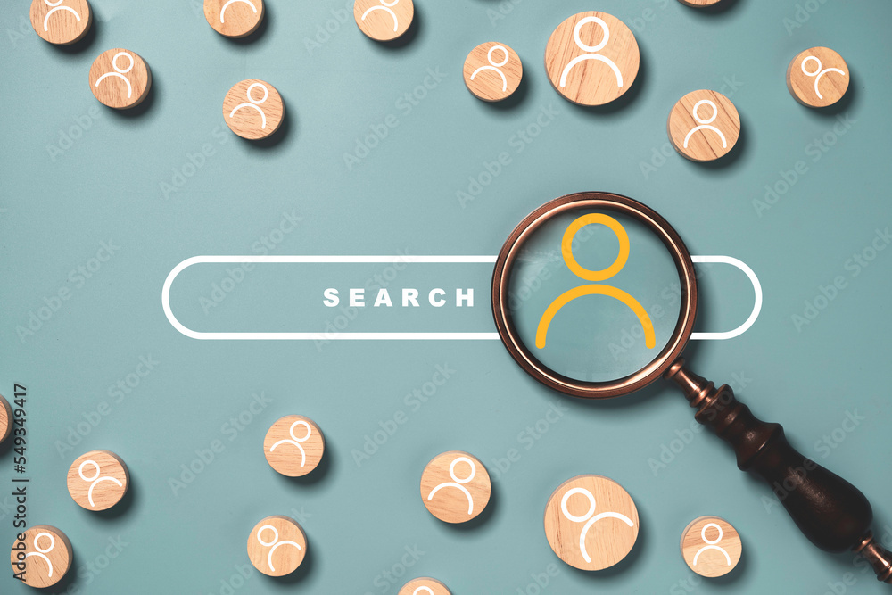 Top view of magnifier glass with search bar and human icon for approve ...