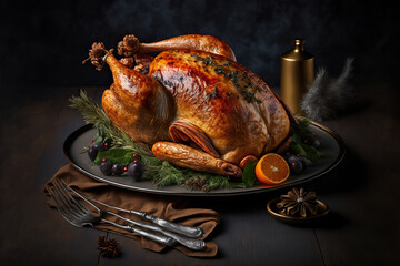 Wall Mural - Juicy and tasty roast turkey on plate with Christmas decoration