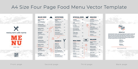 Wall Mural - Restaurant cafe menu, template design,
A4 size four page food menu template