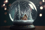 Beautiful snow globe with snowy landscape, winter home castle and trees on a Christmas themed background copy space