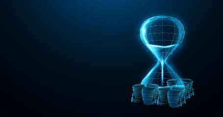 Poster - Financial, Investments, Savings, and Money. Hourglass and stack coin form lines and triangles point to connecting networks on blue background. Illustration vector
