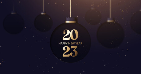 Poster - Happy new year 2023. Luxury dark purple Christmas ball with gold 2023 hanging. Vector illustration