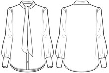 Women's Shirt Blouse With Bow Tie Neck Flat Sketch Fashion Illustration With Front And Back View, Long Sleeve Formal Shirt For Girls And Ladies Template Mock Up