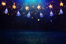 Christmas Tree Garland Lights Over Dark Background With Glitter Overlay