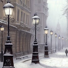  A Person Walking Down A Snowy Street With A Light Pole And Street Lamps On Either Side Of The Street.