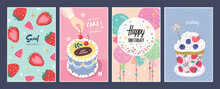 Set Of Lovely Birthday Cards Design With Cupcakes, Cakes And Balloons.