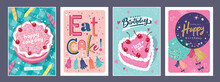 Set Of Lovely Birthday Cards Design With Cakes, Balloons And Party Decorations.