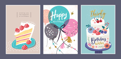 Canvas Print - Set of lovely birthday cards design with cakes and balloons.