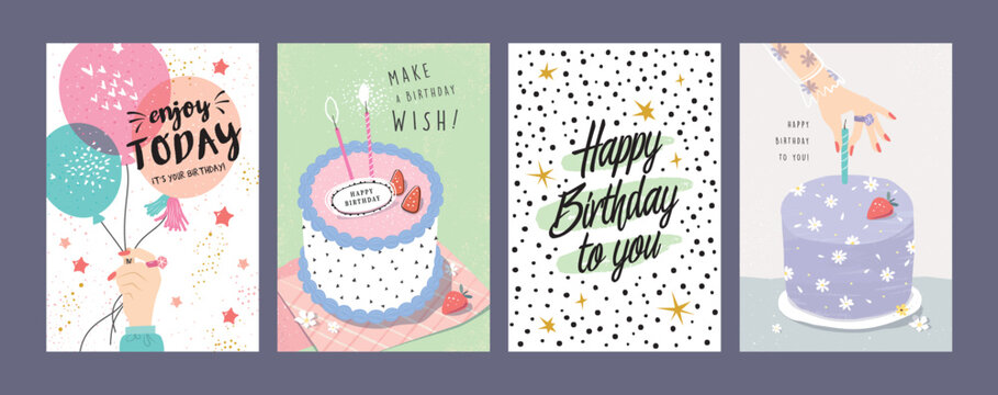 Set of lovely birthday cards design with cakes, balloons and typography design.