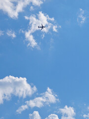 Wall Mural - The passenger airplane is flying far away in the blue sky and white clouds. Plane in the air. International passenger air transportation. The airplane flies in the distance. Vertical illustration