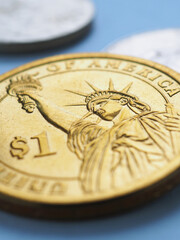 Wall Mural - american coin lies on blue surface. one dollar coin closeup. statue of liberty. sign of national cur