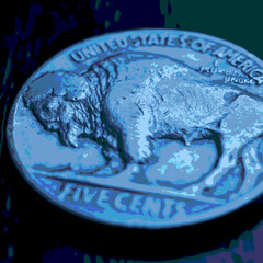 Wall Mural - us nickel. coin 5 cents closeup. blue tinted pasteurization illustration with american bison. buffal