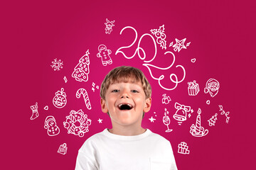 Happy kid portrait and doodle with 2023 year with holiday decora