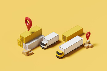 Top view of delivery truck with containers and boxes, location pin. Mockup