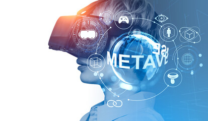 Businesswoman profile in vr glasses, working in metaverse. Copy space