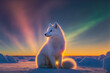 Arctic Fox sitting in arctic sunset, aurora borealis. Beautiful nature background. Digital art