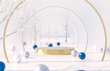 Aufkleber - Winter Christmas scene with golden podium for product display. 3d rendering background.