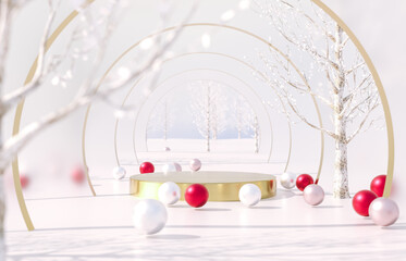 Aufkleber - Winter Christmas scene with golden podium for product display. 3d rendering background.