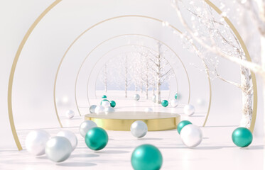 Aufkleber - Winter Christmas scene with golden podium for product display. 3d rendering background.