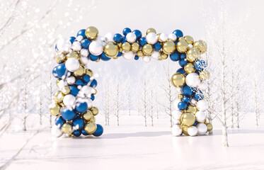 Poster - Winter Christmas scene with geometric sphere arch. 3d rendering background.